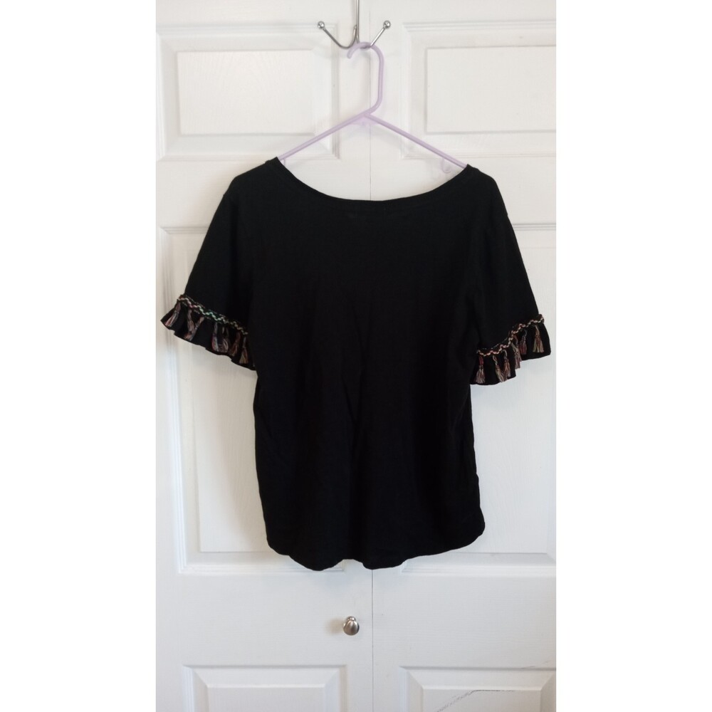 Democracy Women's Black Short Sleeve Embroidered Tassel Trim Top, Size L